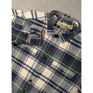 LL Bean Mens XL Flannel Shirt Plaid Blue White Cotton Long Sleeve Button Up